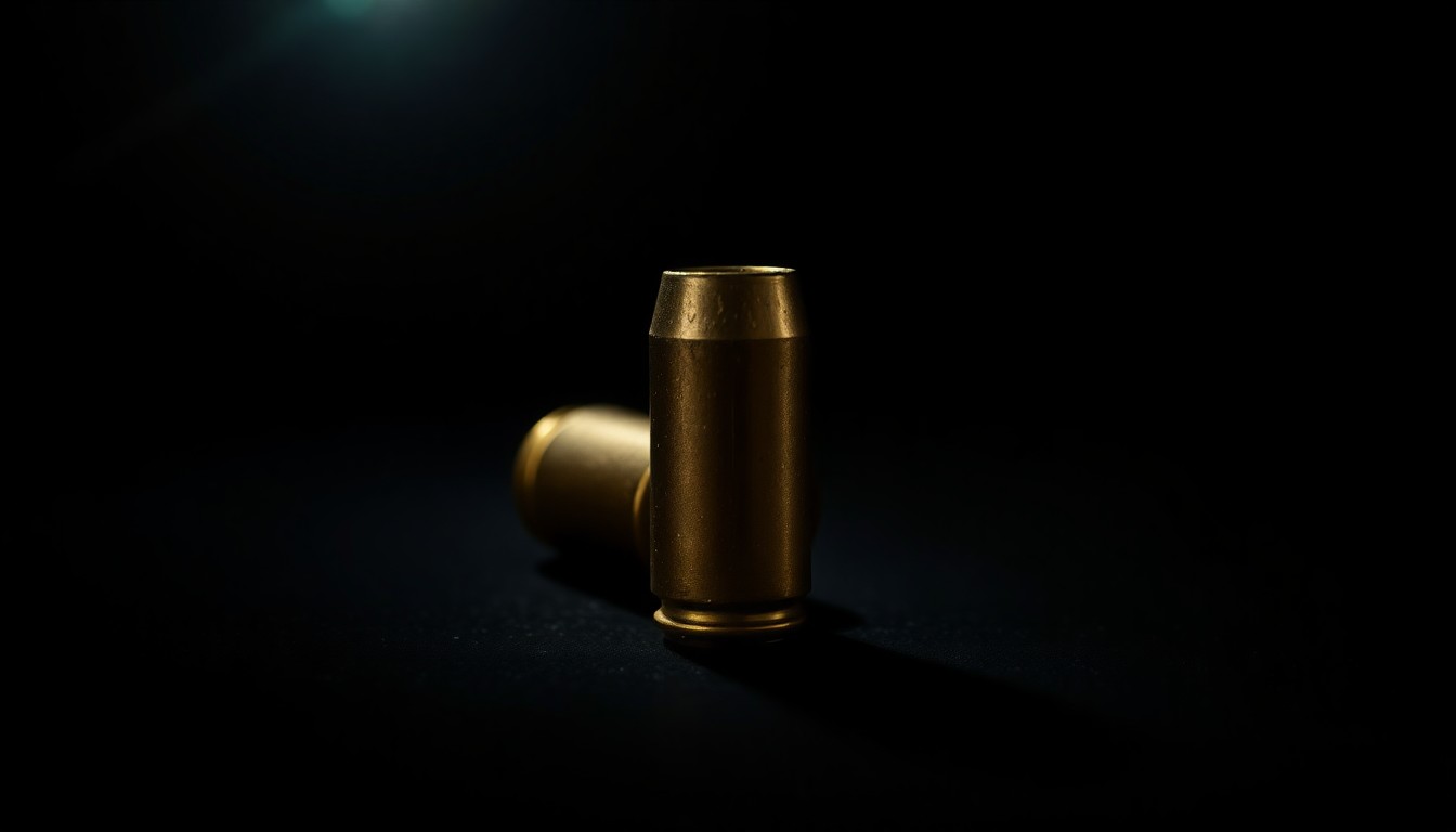 An extreme close-up photograph of a single spent bullet casing on a dark surface, lit by a harsh, direct camera flash, conceptually illustrating the aftermath of a violent confrontation between a deputy and a suspect.