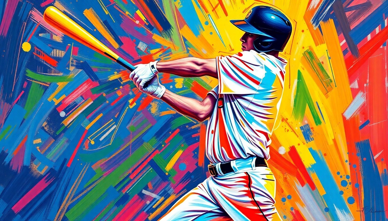 An abstract, energetic painting featuring bold, sweeping brushstrokes in neon shades of blue, green, and orange, capturing the powerful motion and raw athleticism of a baseball player's grand slam swing.