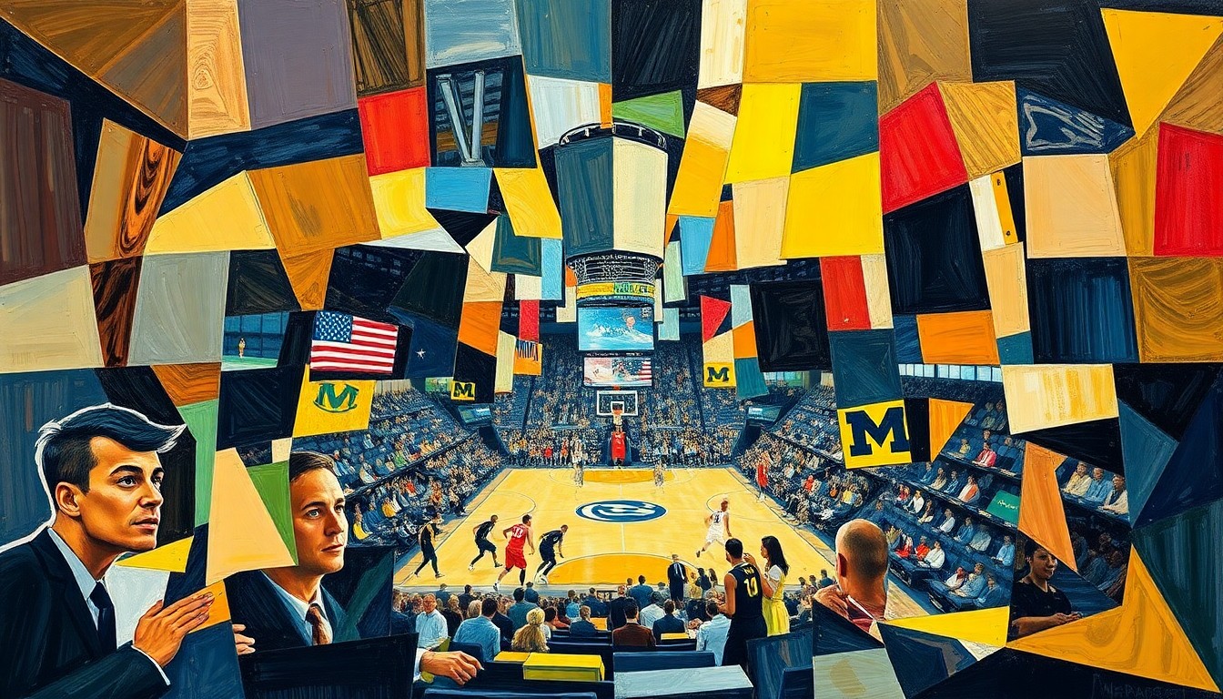 A fragmented, geometric painting depicting the intense action and drama of the closing moments of the 2026 NCAA men's basketball championship game, with players and the court rendered in an abstract, cubist style.