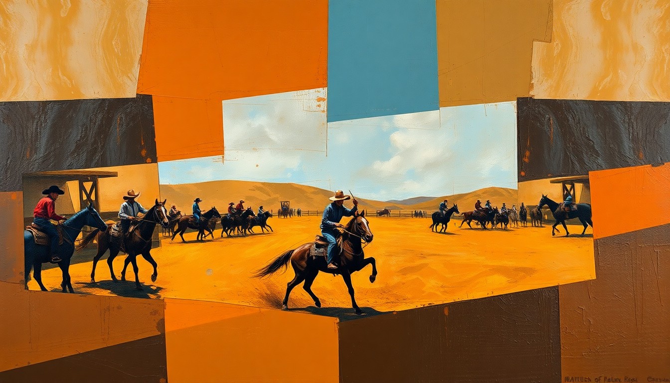 A cubist-style painting depicting a rodeo scene broken down into overlapping geometric shapes and planes in earthy tones, conveying the energy and movement of the event.