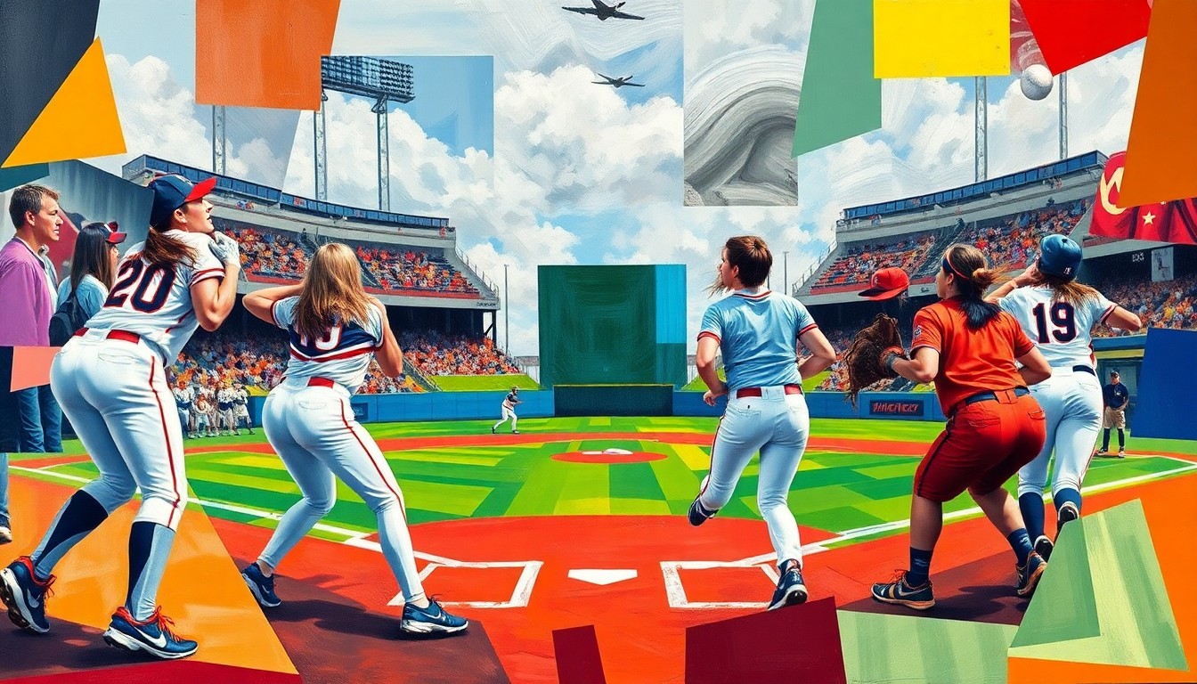 A cubist-style painting featuring fragmented, geometric shapes in bright colors representing a women's baseball game, conveying the dynamic energy and pioneering spirit of the new professional league.