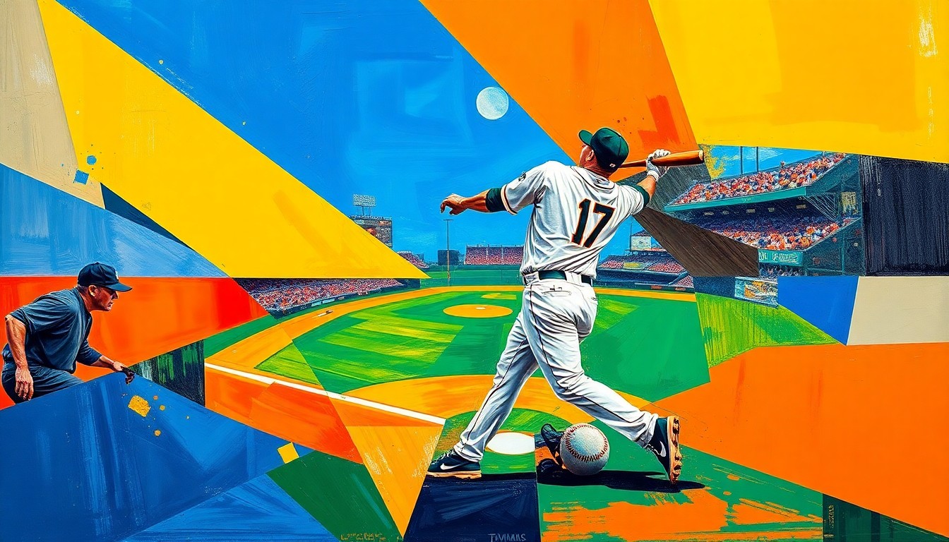 A cubist, geometric painting depicting a baseball player's swing or a baseball game, with sharp, overlapping planes of color in a vibrant palette.