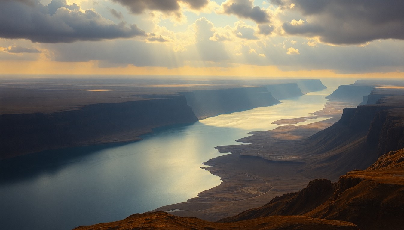 A sweeping, atmospheric landscape painting depicting the vast, majestic scale of the Missouri River basin, with the river and surrounding terrain dominating the scene and conveying a sense of the region's struggle with persistent drought conditions.