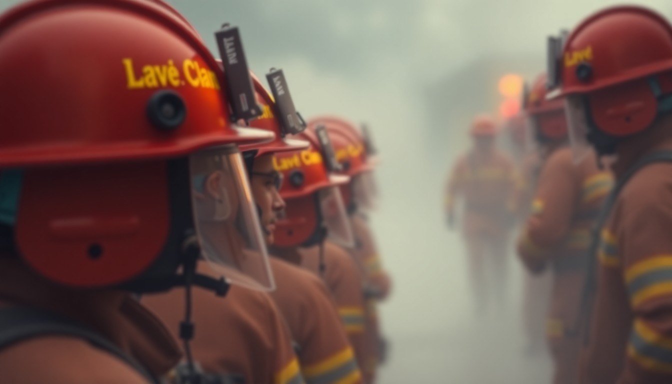 An abstract, impressionistic scene of firefighting equipment and gear in warm, blurred tones, conveying a sense of community solidarity and remembrance.