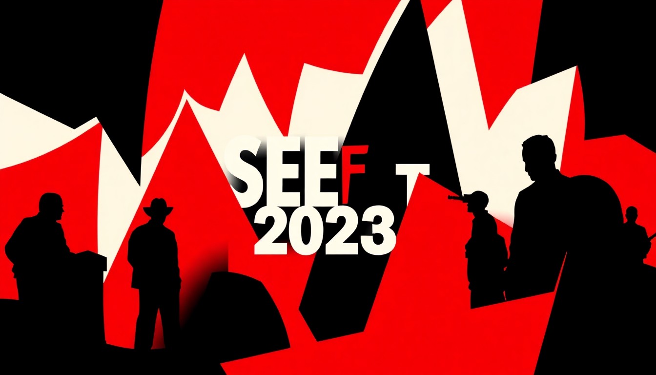 A minimalist, abstract illustration in the style of Saul Bass, featuring sharp, geometric shapes and silhouettes in high-contrast colors like red and white, conceptually representing the diverse lineup of films and documentaries at the 2026 SEEfest film festival.