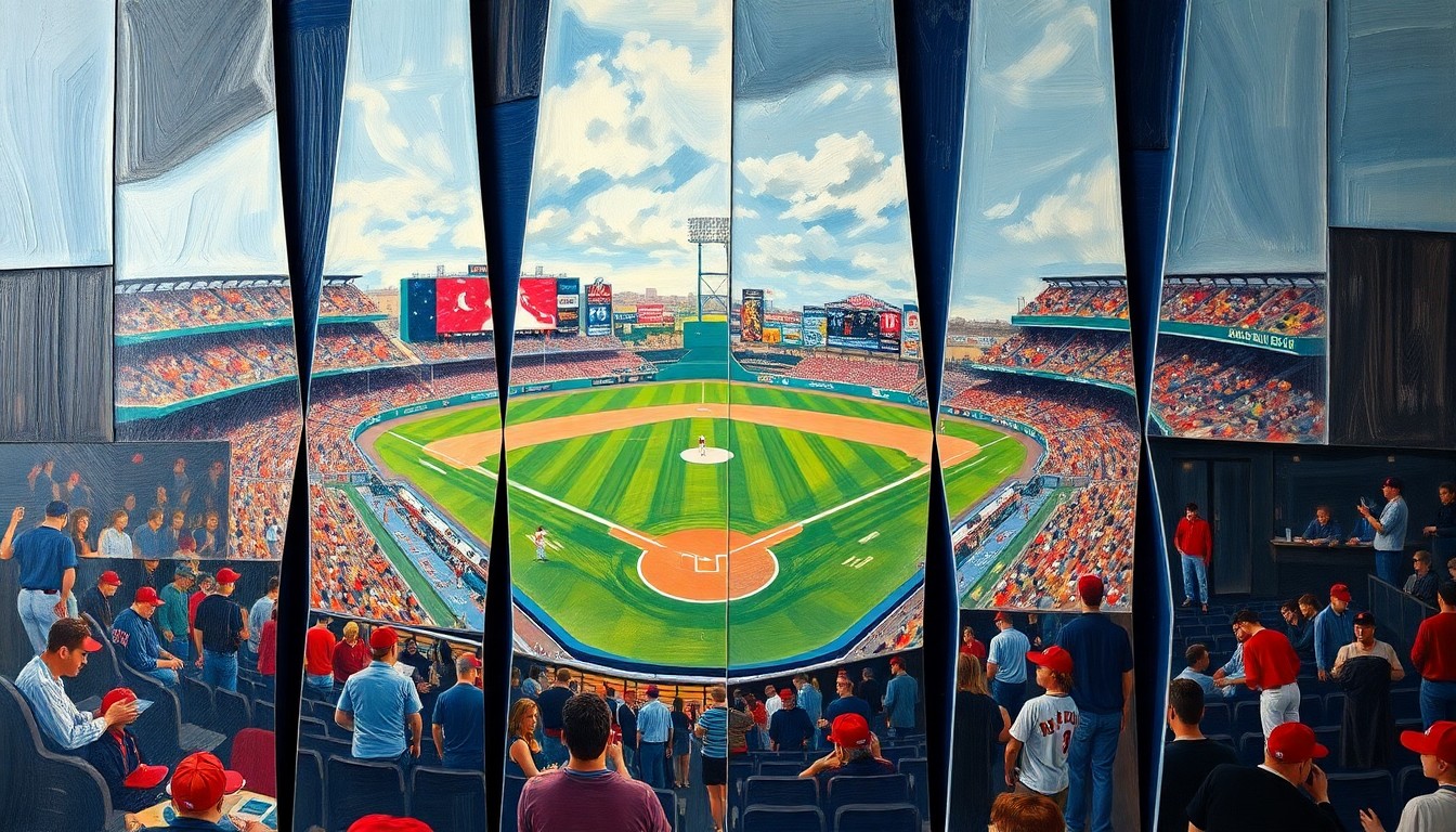 A cubist-style painting depicting a Red Sox baseball game broken down into sharp, overlapping geometric shapes and planes, conveying the team's fragmented start to the 2026 season.