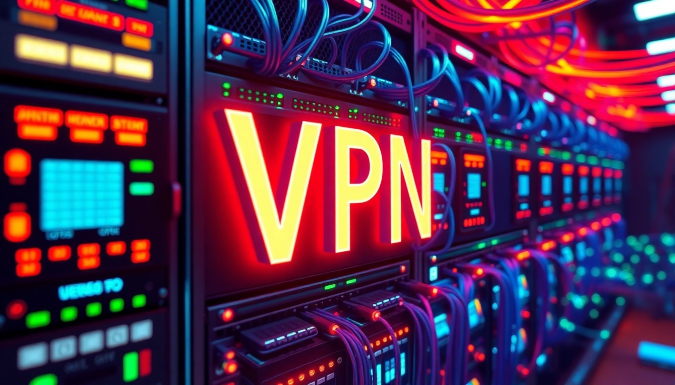 A highly detailed 3D illustration of a glowing, neon-lit VPN server rack, with pulsing cables and circuit boards, conceptually representing the critical digital infrastructure that underpins secure online communications.