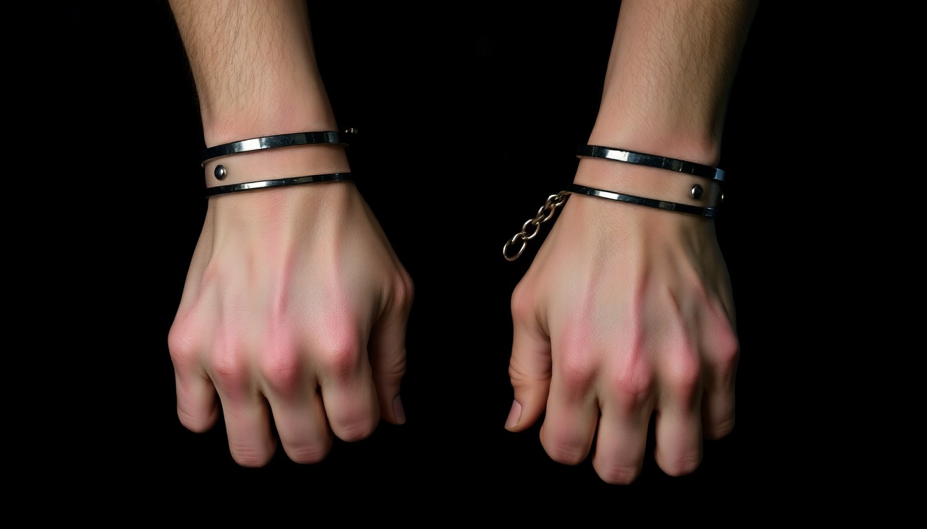 An extreme close-up photograph of a pair of handcuffed hands against a stark black background, the harsh flash creating dramatic shadows and textures to convey a sense of the serious, investigative nature of the legal proceedings.
