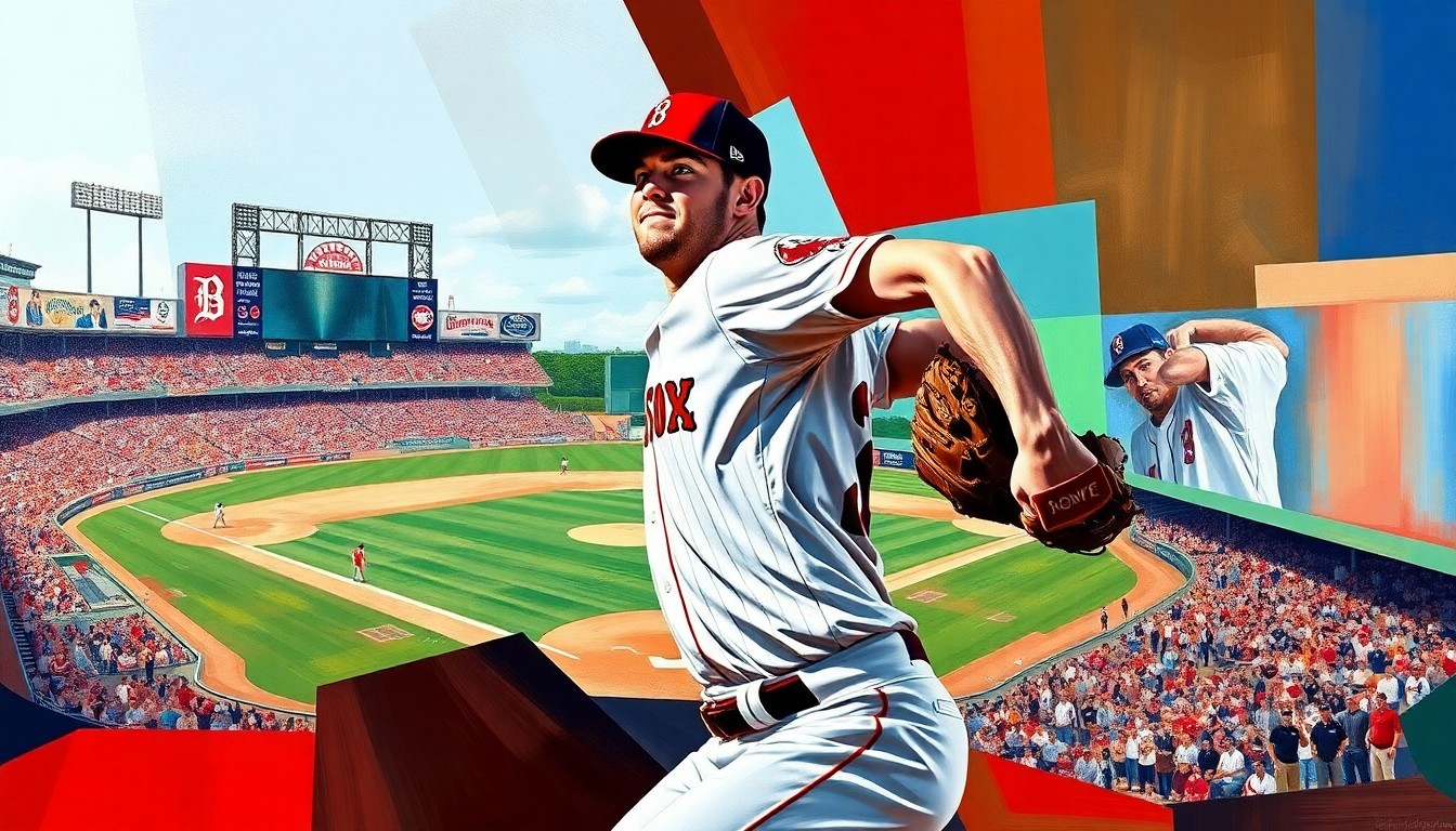 A fractured, multi-perspective painting depicting Sonny Gray's pitching motion, with sharp geometric planes in the Red Sox team colors of red, white, and blue, capturing the energy and dynamism of his delivery.