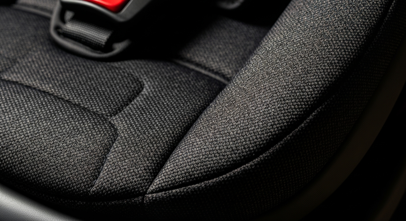 An extreme close-up photograph of the pebbled fabric and stitching on a child car seat, capturing the intricate textures and materials in vivid detail.