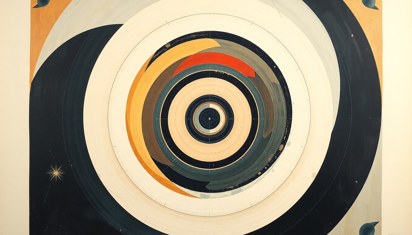 A bold, abstract painting in soft blues, greens, and grays featuring sweeping geometric arcs, concentric circles, and precise spirals, conceptually representing the complex forces and concepts of the Artemis II lunar mission.