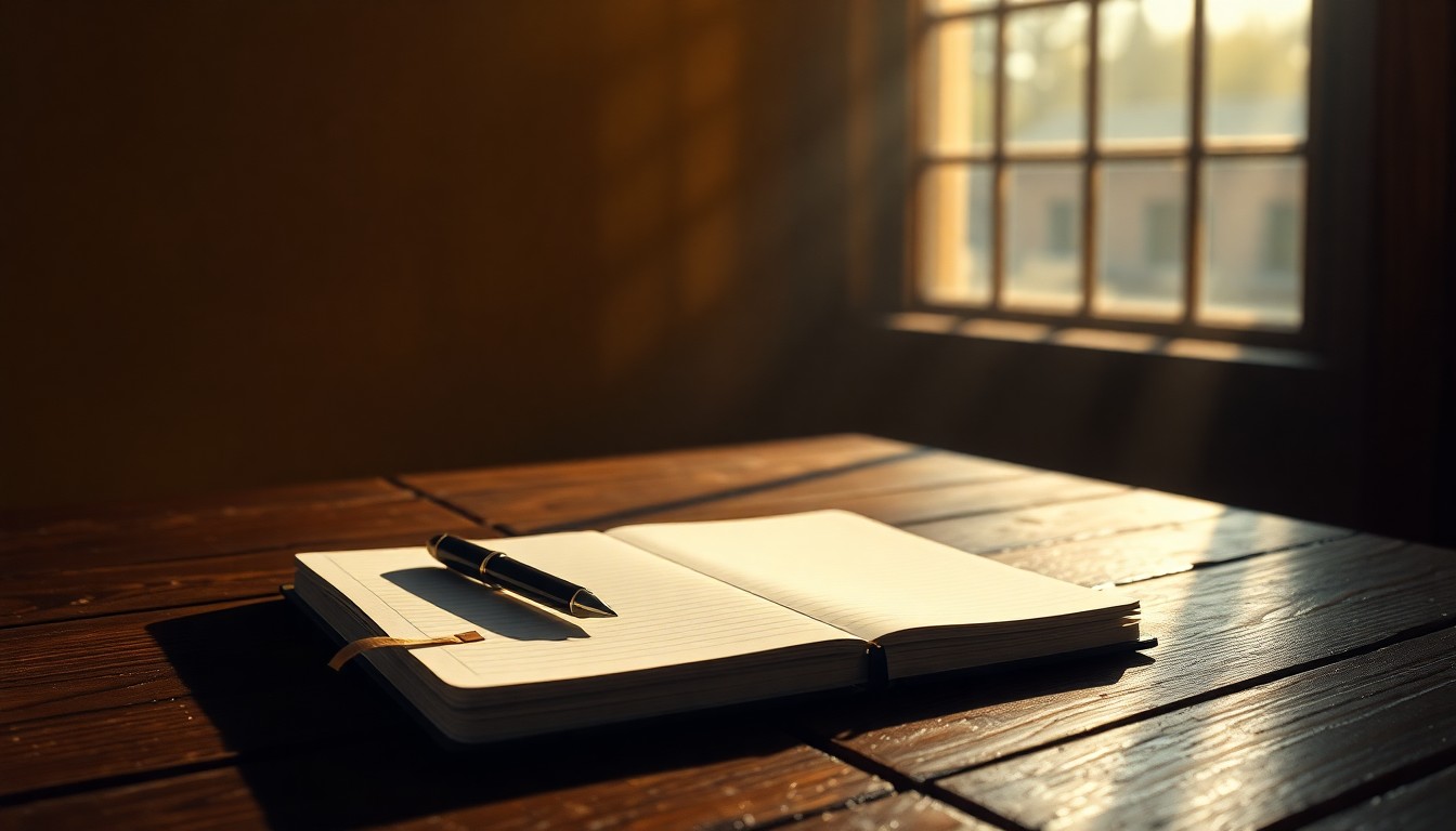A detailed, realistic painting of a journalist's notebook and pen on a worn wooden table, with warm sunlight casting dramatic shadows across the scene, conveying a sense of solitude and contemplation.
