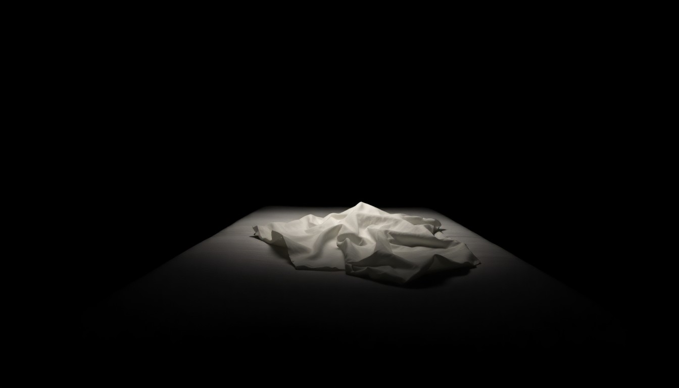 An extreme close-up photograph of a massage table with a crumpled sheet, lit by a harsh, direct camera flash against a pitch-black background, conceptually representing the gritty, investigative nature of this crime case.