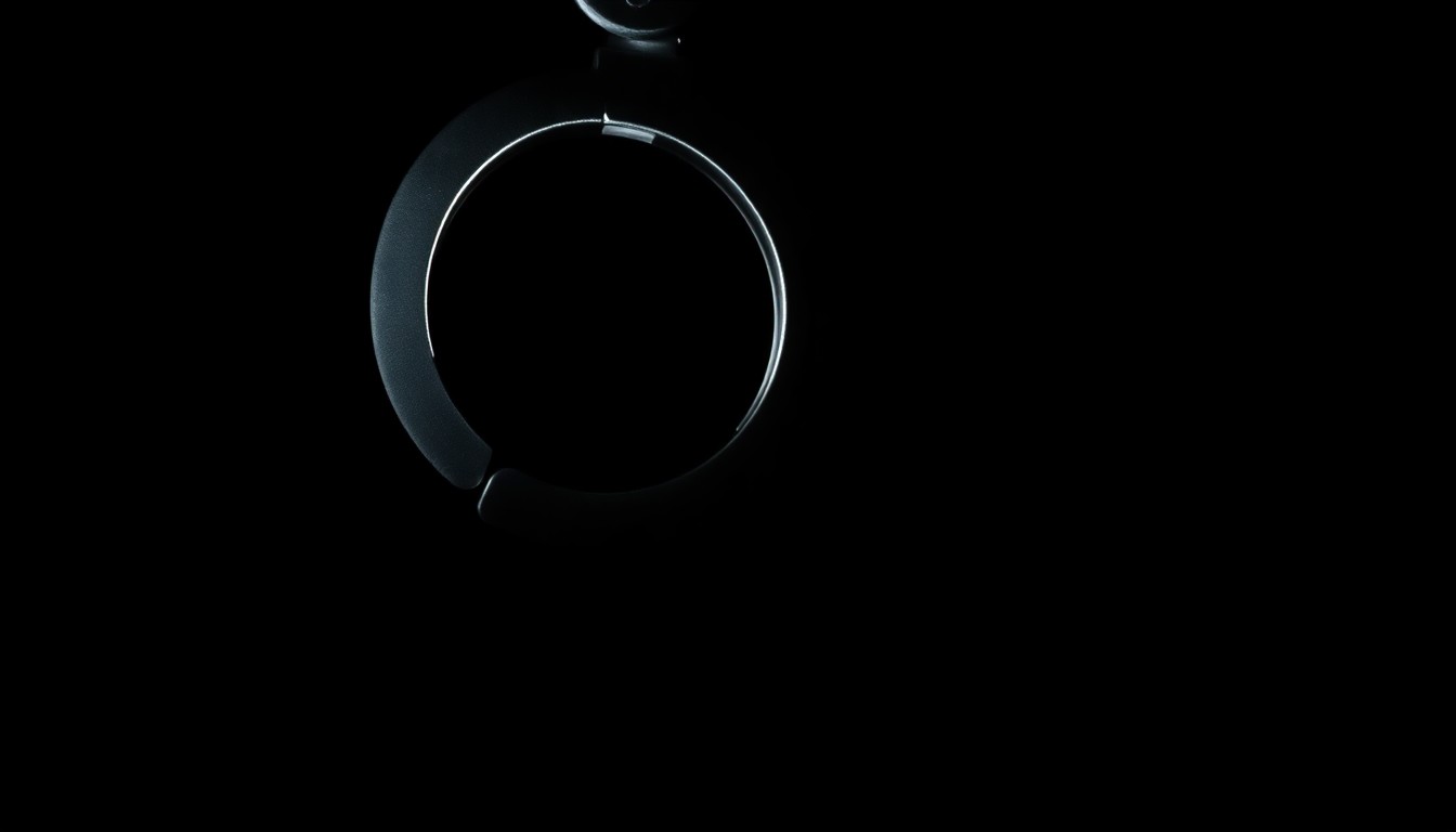 An extreme close-up photograph of a handcuff or other crime-related object lit by a harsh, direct camera flash against a pitch-black background, creating a stark, gritty, investigative aesthetic.