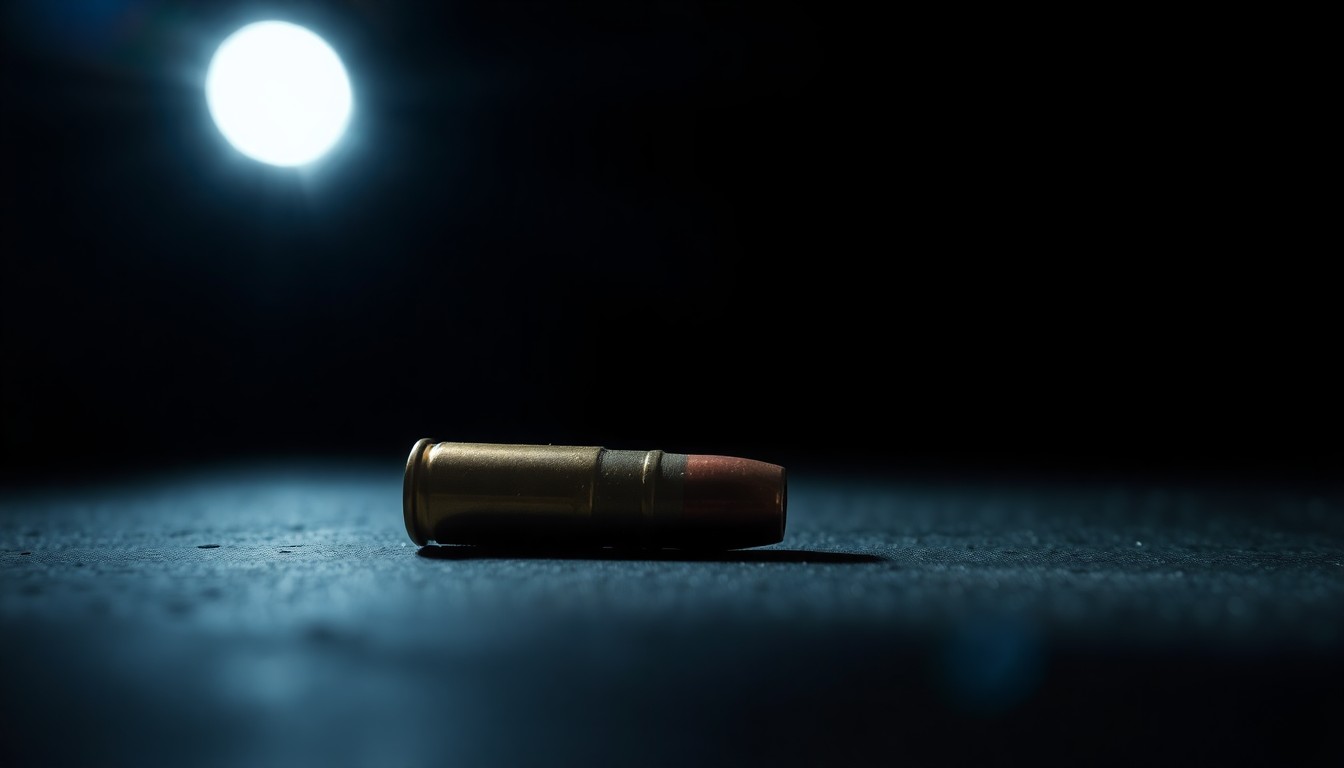 An extreme close-up photograph of a single spent bullet casing on a dark surface, lit by a harsh, direct camera flash, creating a stark, gritty, investigative aesthetic.