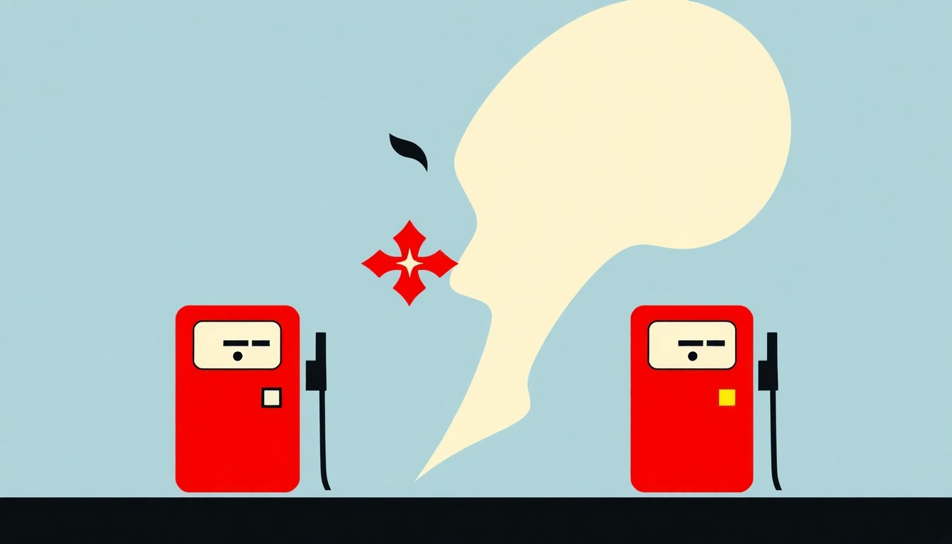A geometric abstract illustration featuring intersecting triangles and rectangles in shades of blue, red, and yellow, conceptually representing the volatility of gas prices in Maryland.