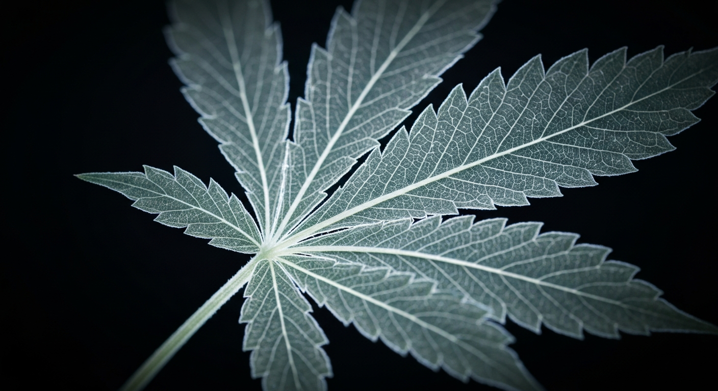 An extreme close-up X-ray photograph revealing the delicate, glowing internal structures of a hemp plant leaf against a dark background, conceptually illustrating the medical potential of hemp-derived products.