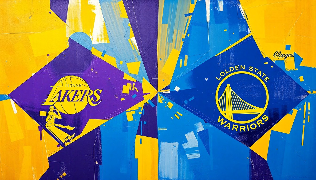 An abstract, cubist-style painting featuring fragmented, overlapping geometric shapes in the colors of the Lakers and Warriors uniforms, capturing the intensity and energy of their matchup.