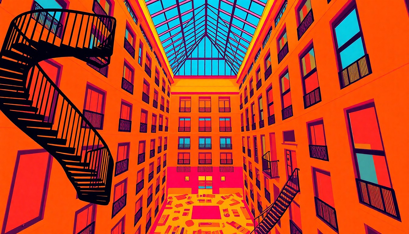 A vibrant, silkscreen-style illustration featuring repeated images of a spiral staircase, glass roof, and central courtyard in a grid pattern, using a bold, neon color palette to conceptually represent the architectural features of the planned Bangor Mall condos.
