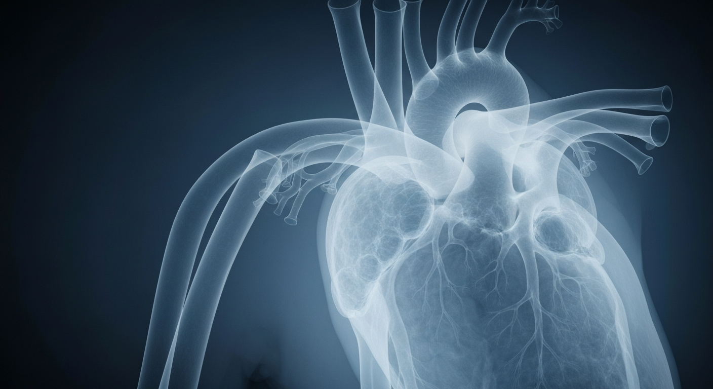 A ghostly, translucent X-ray photograph revealing the intricate internal structures of the human heart and circulatory system, conceptually representing the medical emergency at the center of this story.