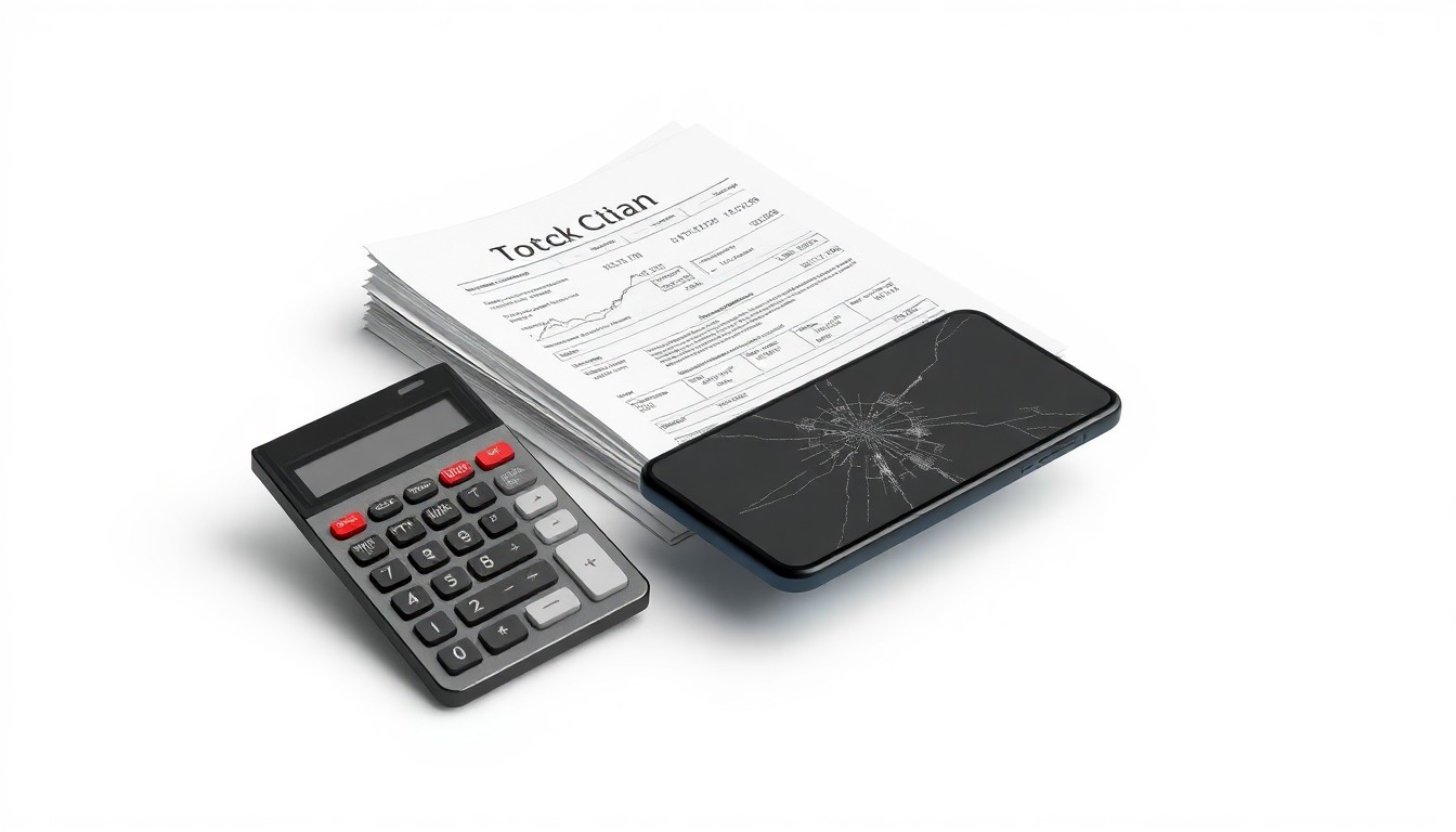 A photorealistic studio still life featuring a stack of stock trading documents, a broken calculator, and a cracked smartphone screen, conceptually representing the financial risks and regulatory challenges facing Trip.com.
