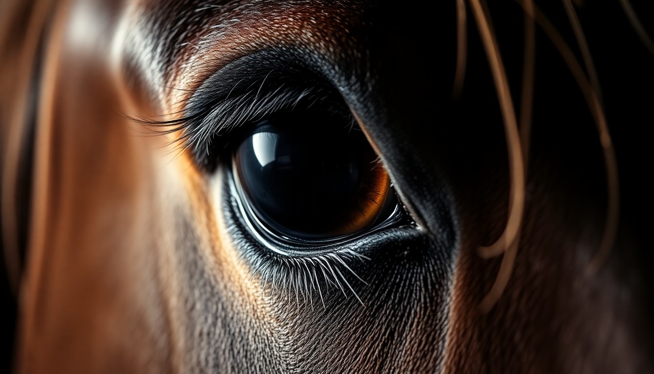 An extreme close-up photograph of a horse's eye, the iris filling the frame with dramatic lighting and texture, conceptually representing the new mounted patrol unit's role in improving community relations.