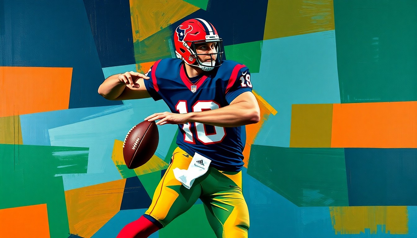 A cubist, geometric painting depicting a football quarterback in motion, with sharp, overlapping planes of navy, green, and orange colors representing the Houston Texans.