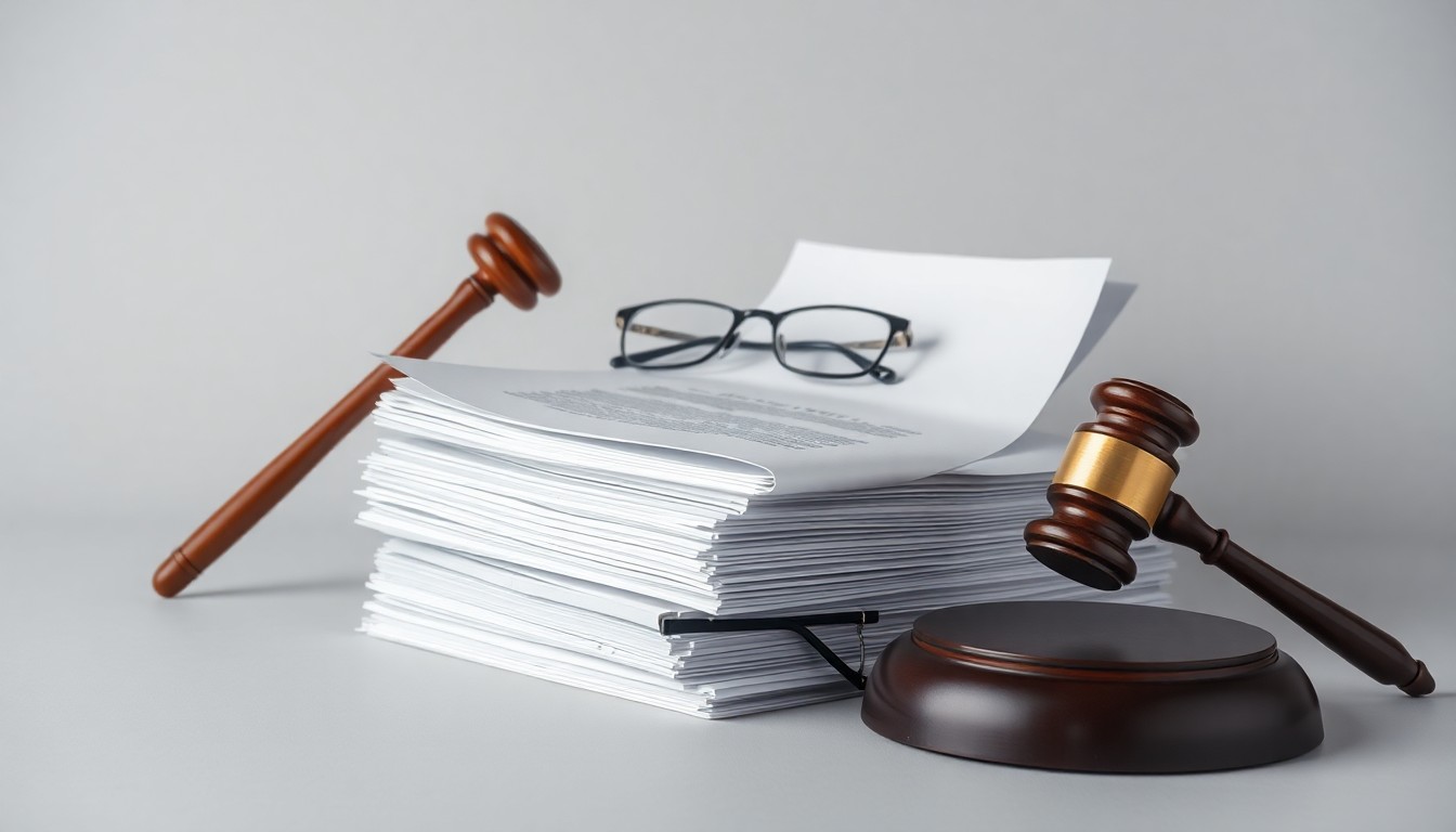 A photorealistic studio still life featuring a stack of legal documents, a gavel, and a pair of eyeglasses, conceptually representing the abstract themes of corporate litigation and financial risk.