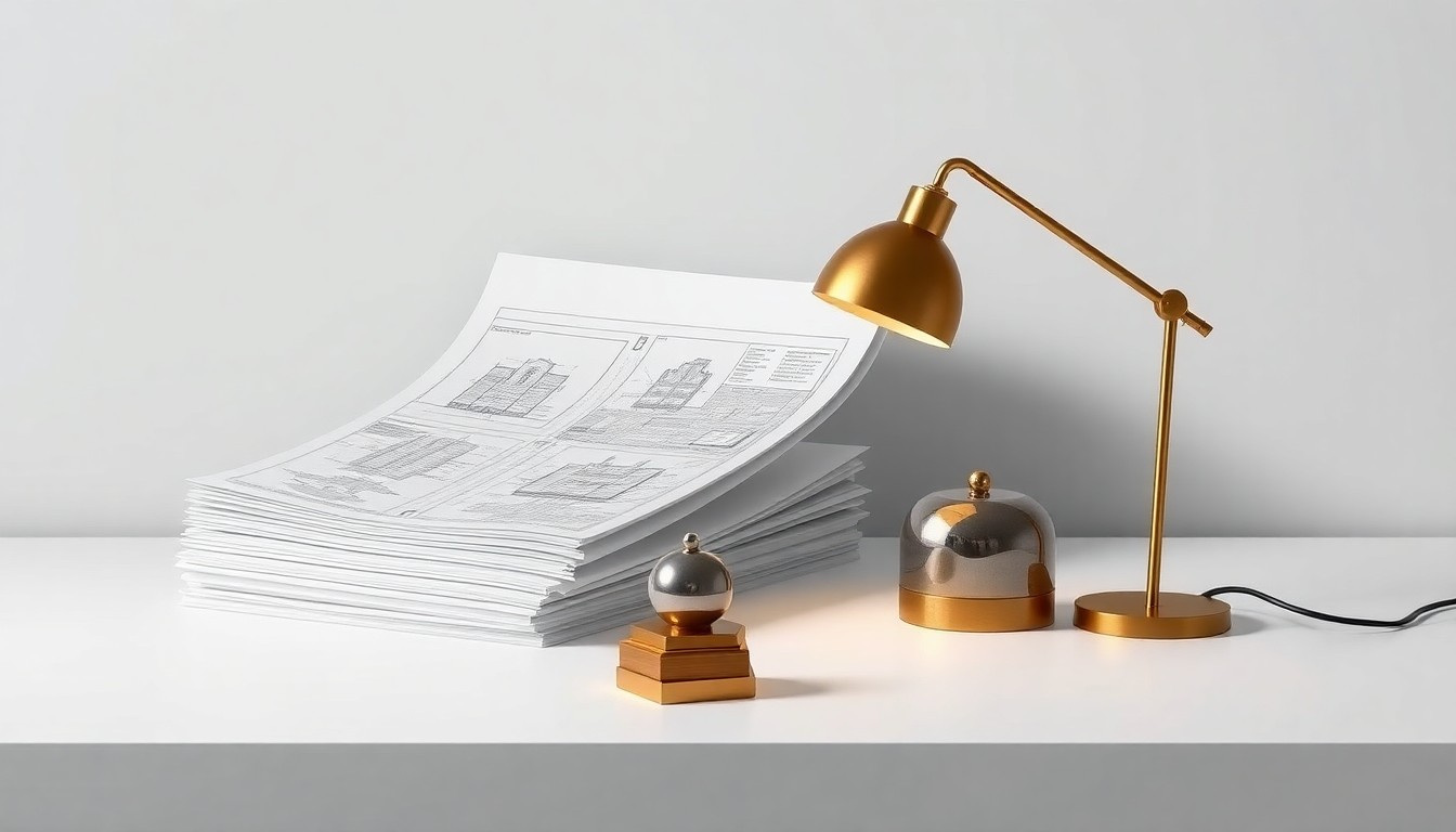 A high-end, photorealistic studio still-life featuring a stack of architectural blueprints, a brass desk lamp, and a polished metal paperweight on a clean, monochromatic background, conceptually representing the real estate expertise and strategic planning of Jackson Cross Partners.