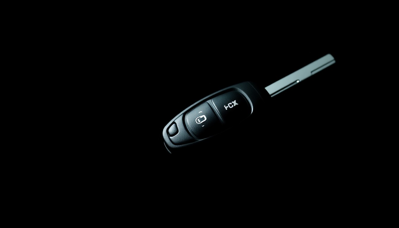 An extreme close-up photograph of a car key fob against a pitch-black background, lit by a harsh, direct camera flash, conceptually representing the investigation into financial misconduct at a local auto dealership.