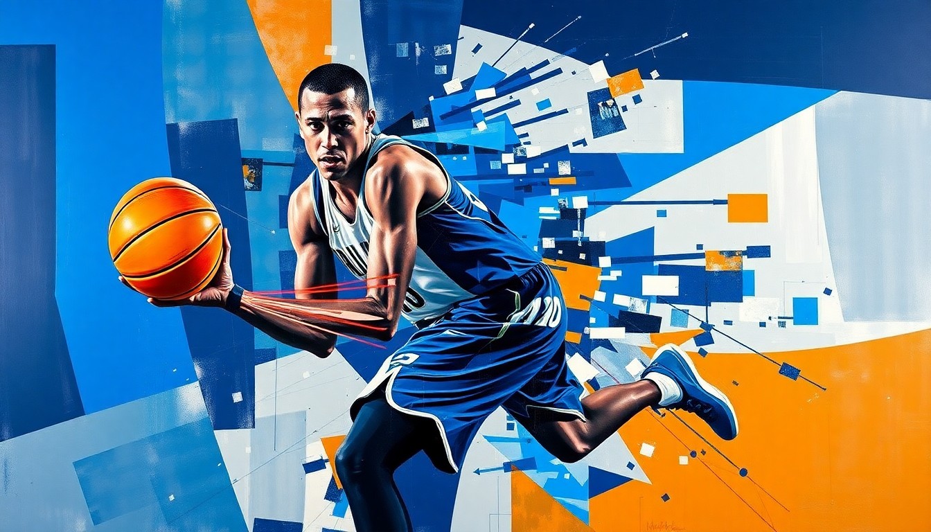 A fragmented, geometric painting depicting the movements and actions of a basketball player in shades of blue, silver, and navy, reflecting the team colors of the Dallas Mavericks.