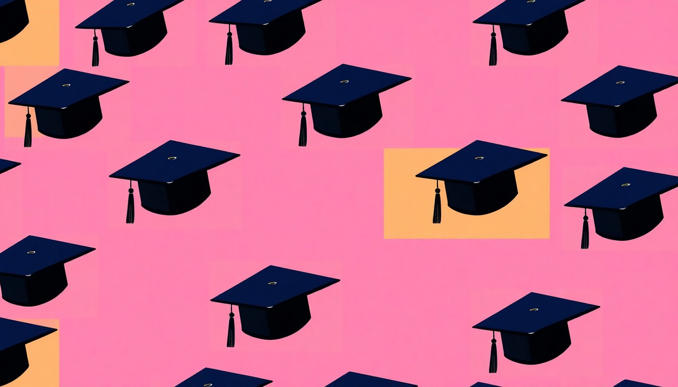 A brightly colored, high-contrast silkscreen print of a mortar board graduation cap repeated in a tight grid pattern, conceptually representing the coordination of Washington State University's statewide campuses.