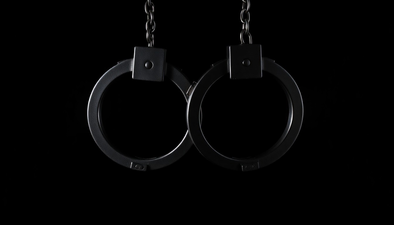 An extreme close-up of a pair of metal handcuffs against a completely dark background, the harsh flash illuminating the textured surface and creating dramatic shadows, conceptually representing the ethical dilemmas faced by judges in the criminal justice system.