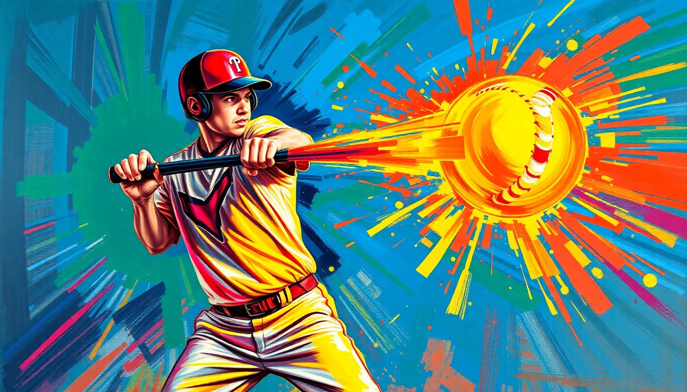An extreme close-up of a softball player mid-swing, the ball blurring into a neon splatter against a vibrant, expressionist background of rapid brushstrokes in bright colors, capturing the raw power and energy of the game.