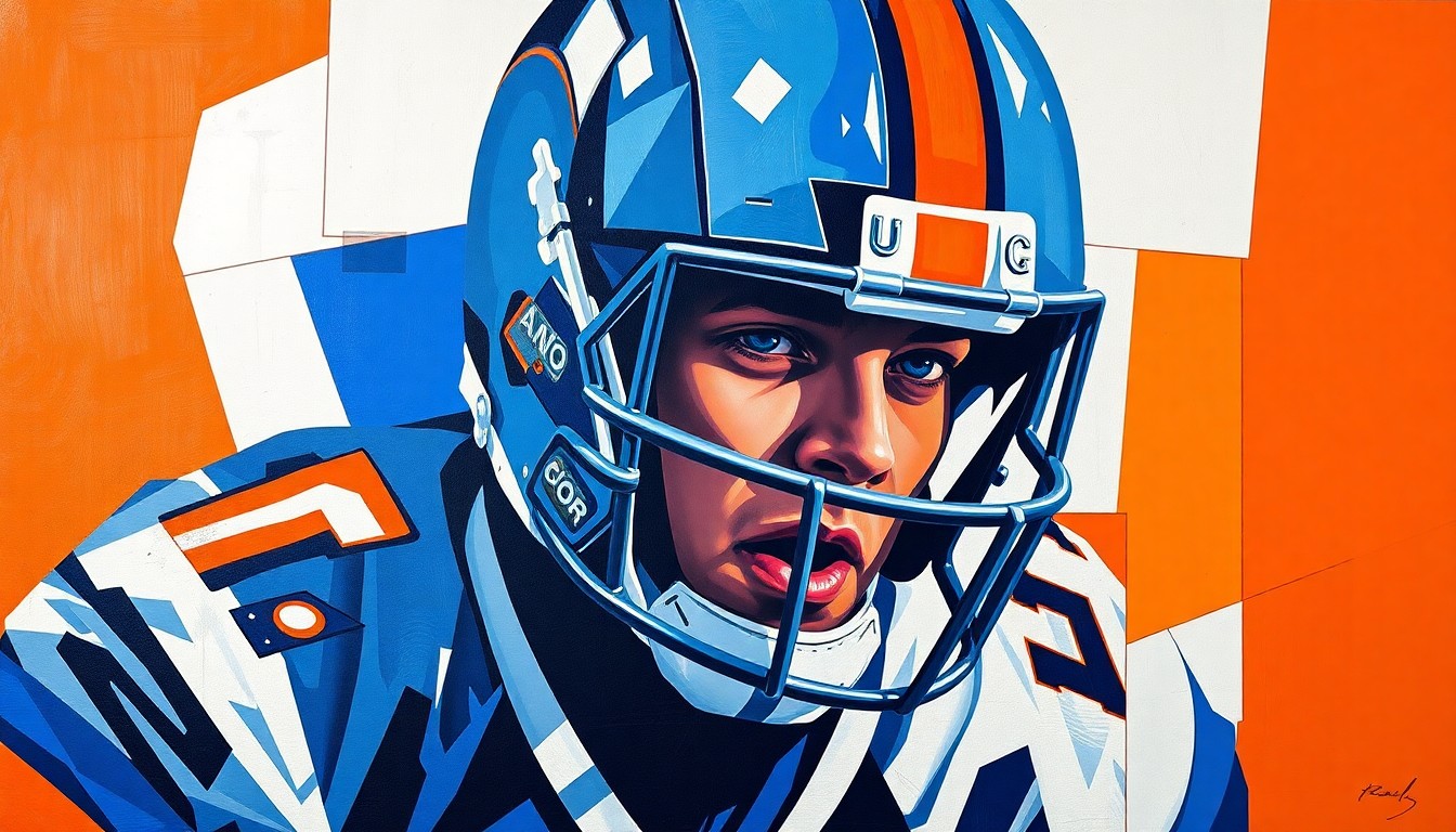 A cubist-style painting depicting an offensive lineman in sharp, overlapping geometric shapes and planes of blue, orange, and white, conveying the power and technical skill of a top recruit joining the Florida football program.