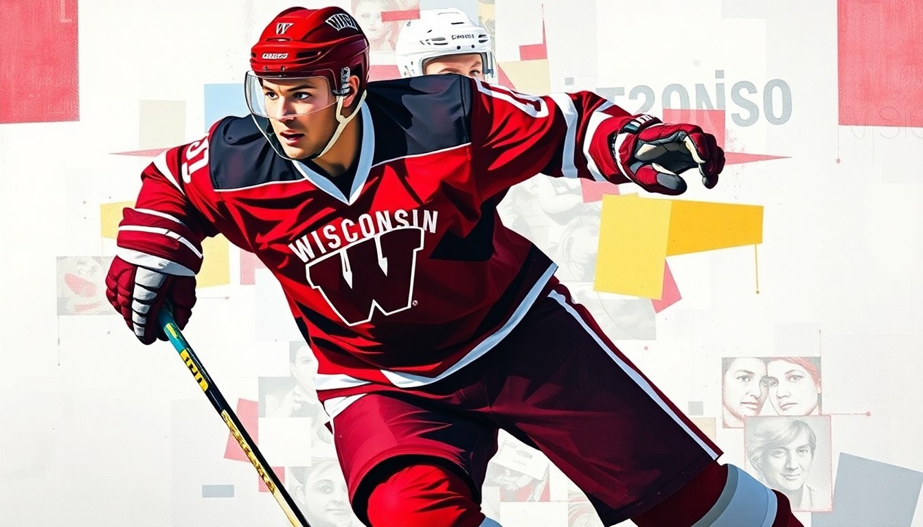 A fragmented, geometric painting depicting a hockey player in motion, their jersey featuring the Wisconsin Badgers logo, conveying the dynamic energy and determination of the team.