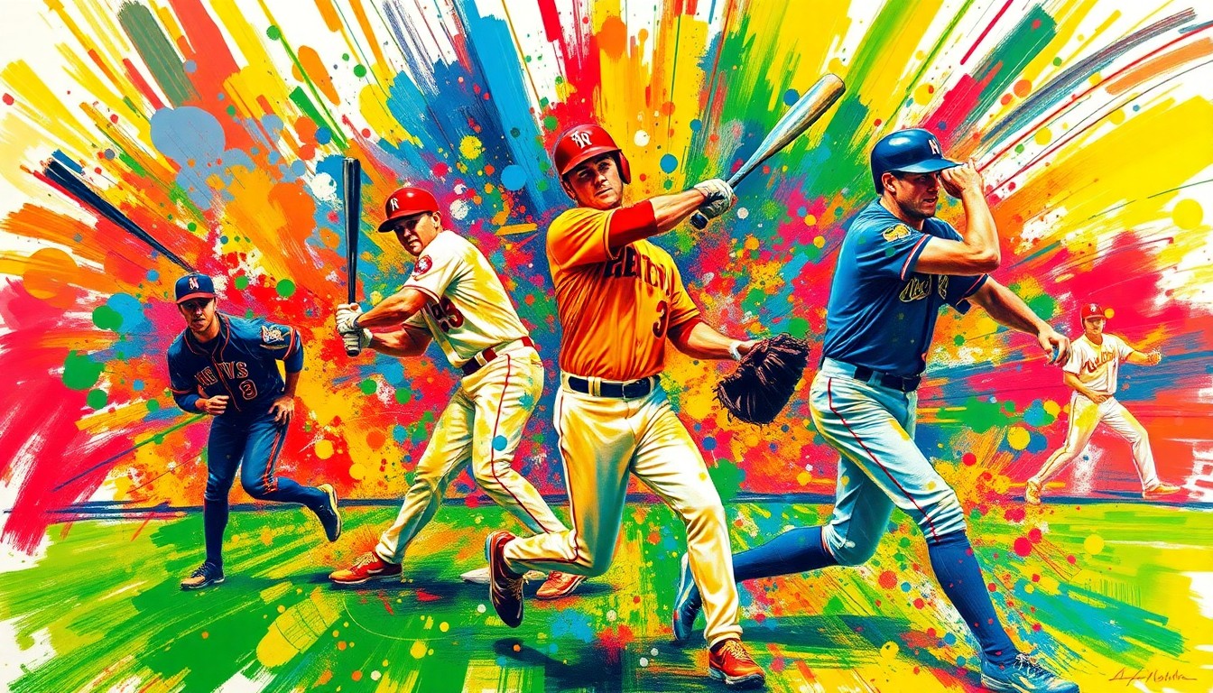 A dynamic, abstract painting in neon colors depicting the frenetic action of a baseball game, with players' forms blending into a vibrant, energetic composition.
