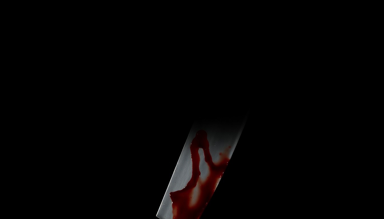 An extreme close-up of a bloodied knife, the harsh flash creating a stark, gritty, investigative aesthetic without any text or identifying details.