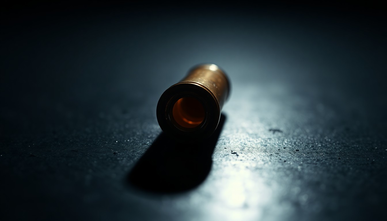 An extreme close-up of a single spent shell casing on a dark surface, lit by a harsh, direct camera flash, conceptually illustrating the physical remnants of a mass shooting incident.