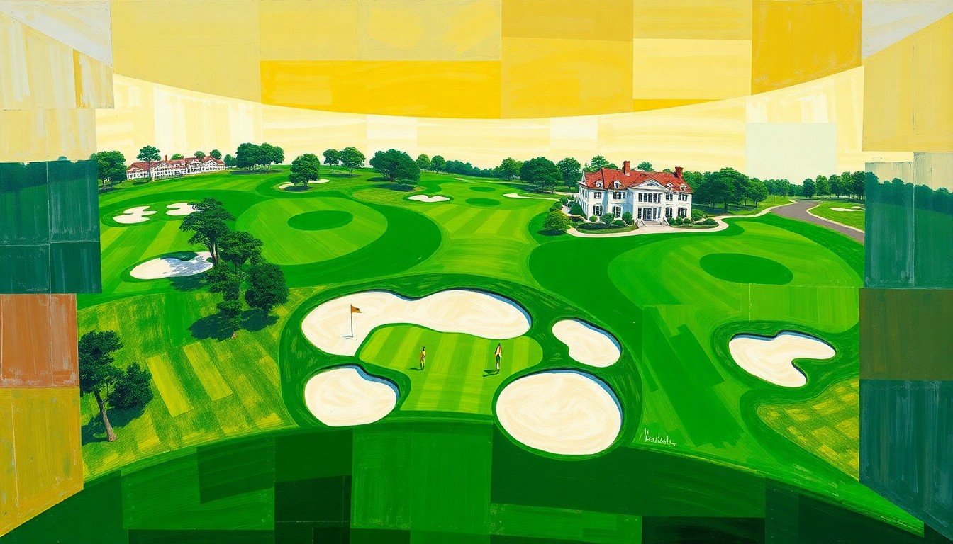 A fractured, multi-perspective painting breaking down the Augusta National golf course into sharp, overlapping geometric planes of green fairways, white bunkers, and the iconic clubhouse, capturing the essence of the Masters Tournament in a cubist style.