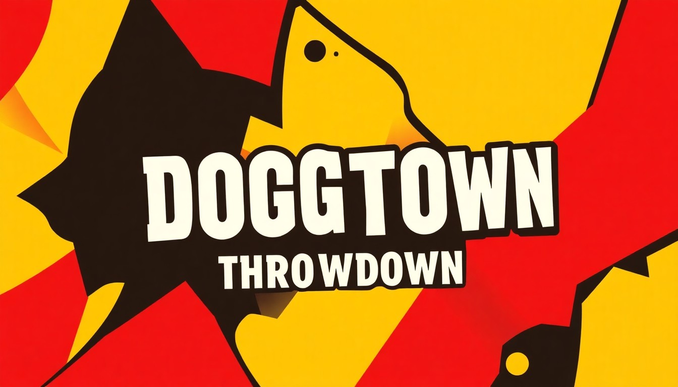 A dynamic, abstract illustration featuring bold, geometric shapes in red, yellow, and black, conveying the lively energy and Cajun cultural elements of the Dogtown Throwdown festival.