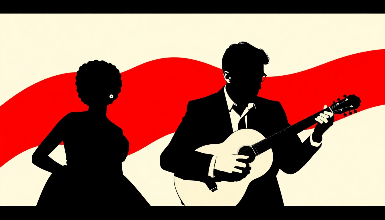 An abstract, minimalist illustration featuring bold, jagged black silhouettes and high-contrast solid colors like red and white, conceptually representing the musical legacies of Rosetta Tharpe and Chris Thile.