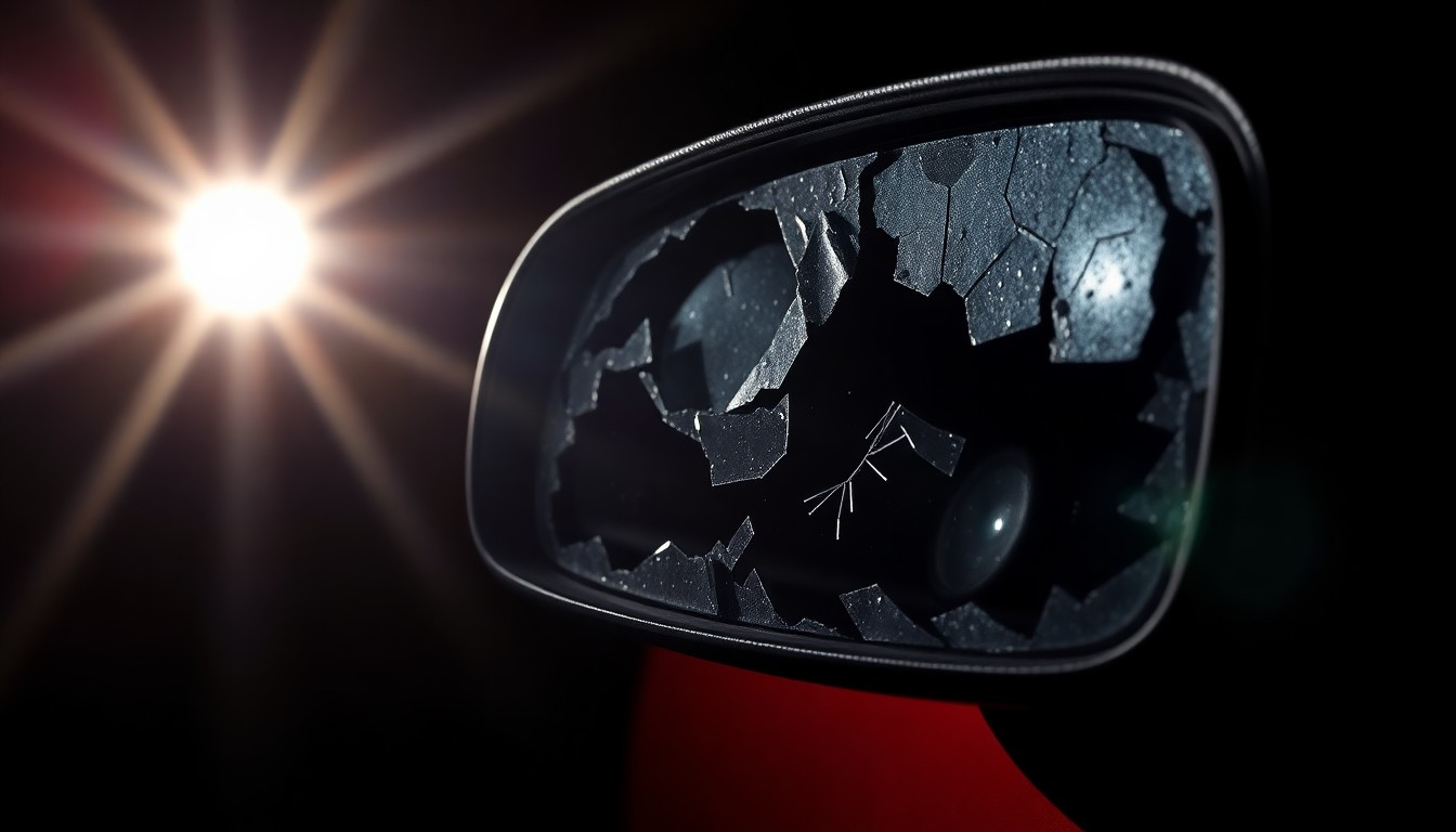 An extreme close-up photograph of a shattered car side mirror, lit by a harsh, direct camera flash against a pitch-black background, conceptually representing the vandalism and threats faced by a famous musician.