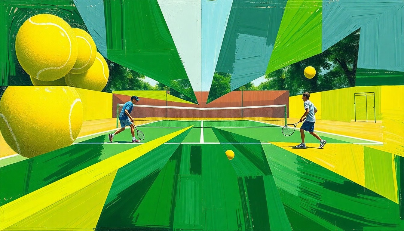 A cubist-style painting featuring overlapping geometric shapes and planes of green, white, and yellow, representing the court, tennis balls, and blurred player movements during a high school tennis match.