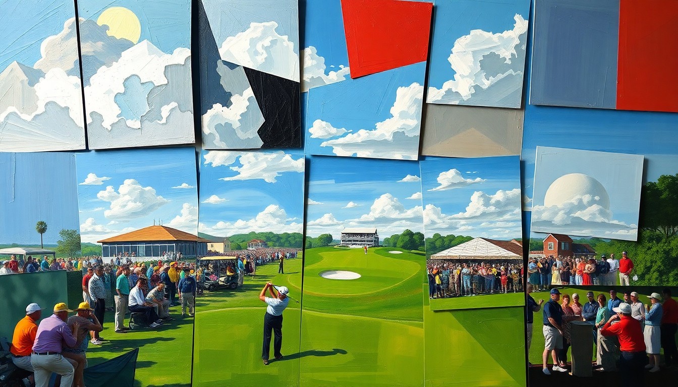 A cubist-style painting depicting a fragmented, geometric interpretation of a golf tournament scene, with overlapping shapes and planes representing the dynamic action and competition of the event.