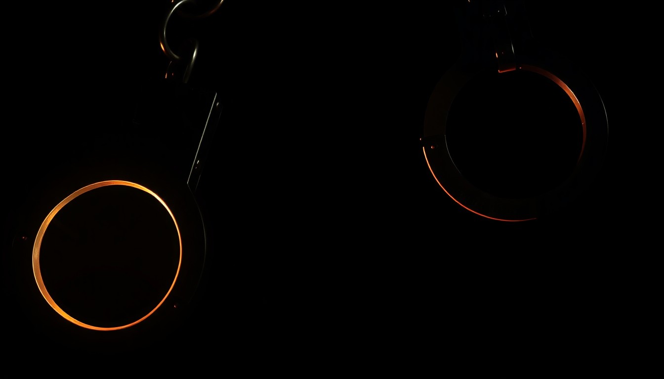 An extreme close-up photograph of metal handcuffs against a stark black background, conceptually representing the apprehension of a dangerous suspect on a public bridge.