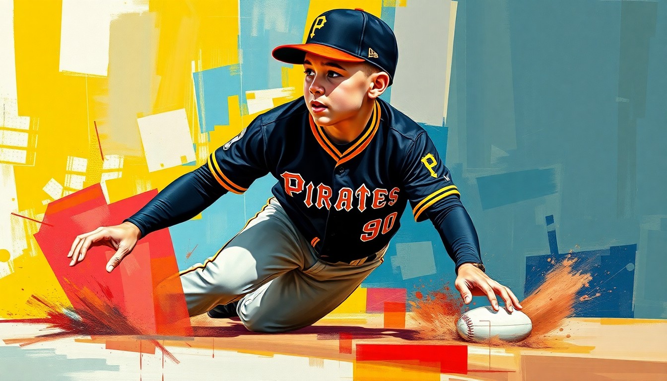 A fragmented, cubist-style painting depicting a baseball player sliding into a base, with the player's body and uniform broken down into sharp, overlapping geometric shapes in the Pirates' colors of black, gold, and red.
