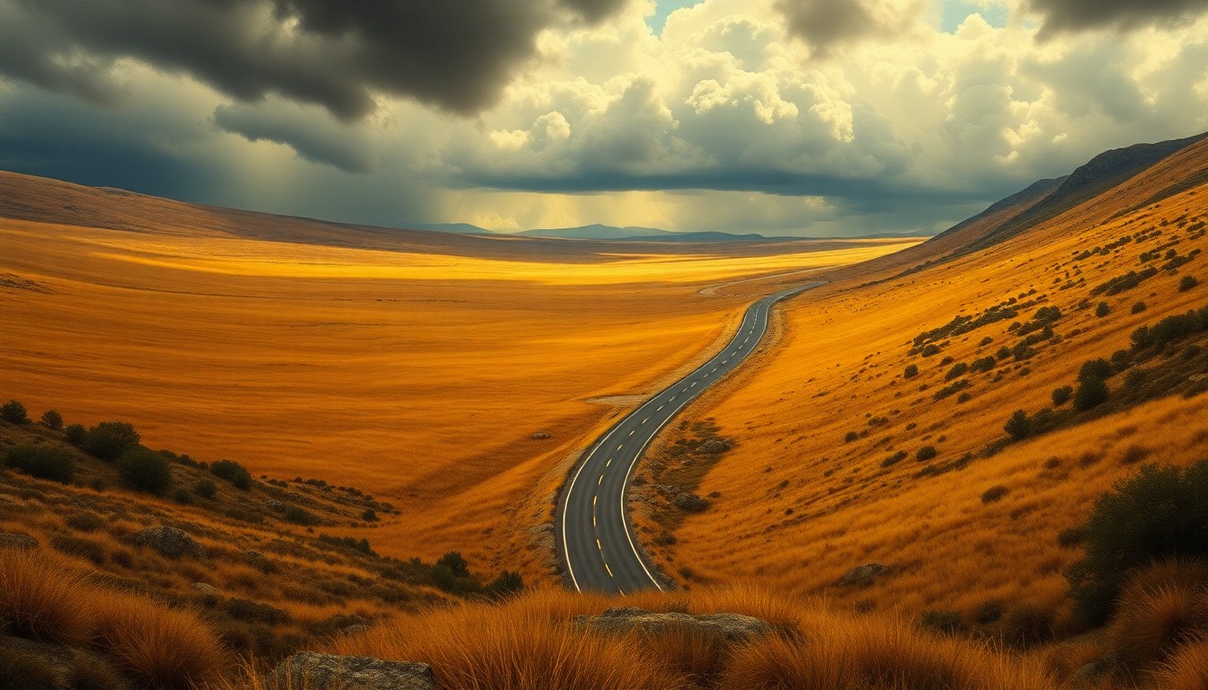 A sweeping, atmospheric landscape painting in muted earth tones, depicting a winding highway cutting through a vast field of dry, golden grass and brush, with ominous storm clouds gathering in the distance, conveying the overwhelming scale and power of the natural environment.