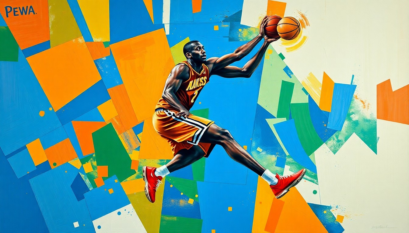 A cubist, geometric painting depicting a basketball player's movements and actions broken down into sharp, overlapping planes of vibrant blue, orange, and green colors.