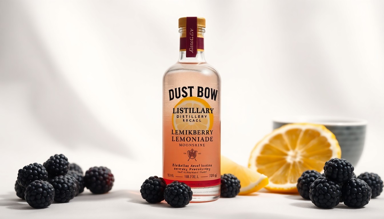 A glass bottle of Dust Bowl Distillery's Blackberry Lemonade Moonshine Cocktail sits elegantly on a clean, white background, surrounded by a few blackberries and lemon slices, all captured in a high-end, photorealistic studio still-life style.